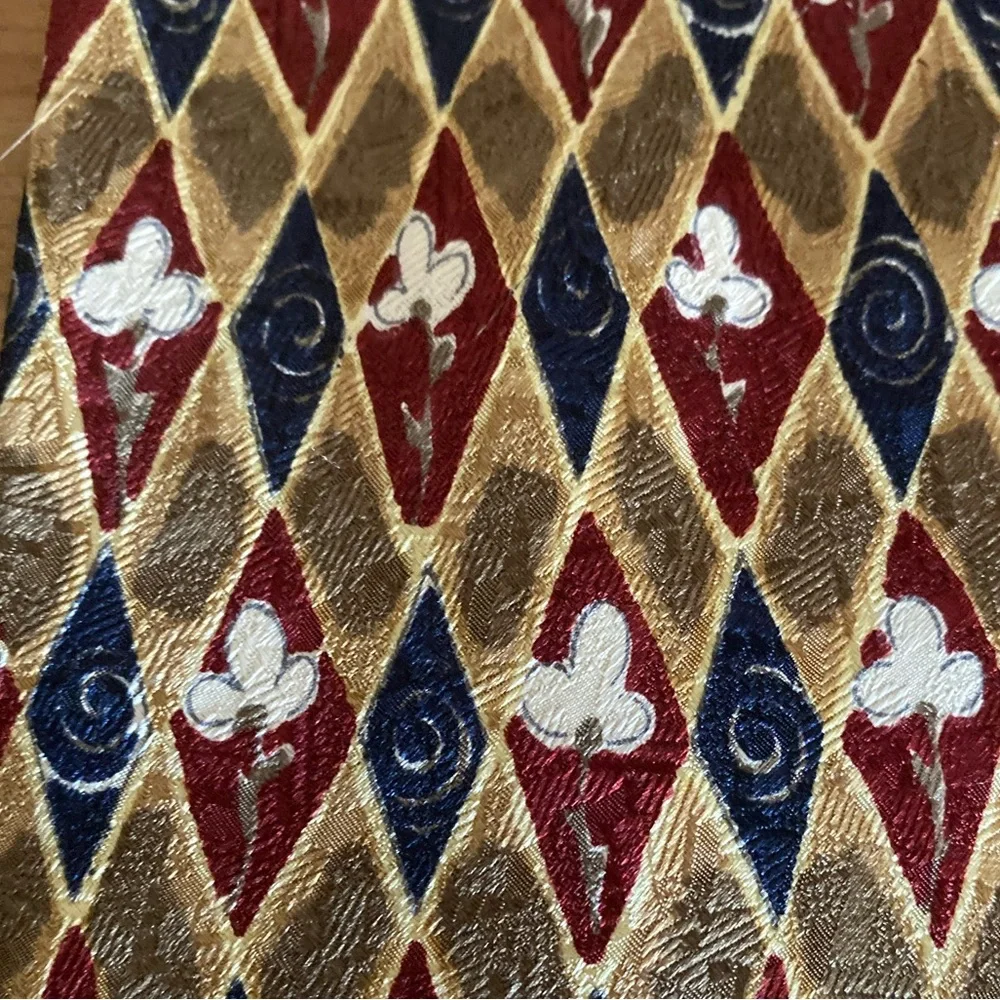 Ermenegildo Zegna Red Blue Gold Diamond Floral Italian Silk Tie